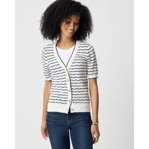 NWT J. Crew Pointelle Knit Short-Sleeve V-Neck Button Cardigan Navy Stripe Sz XL
